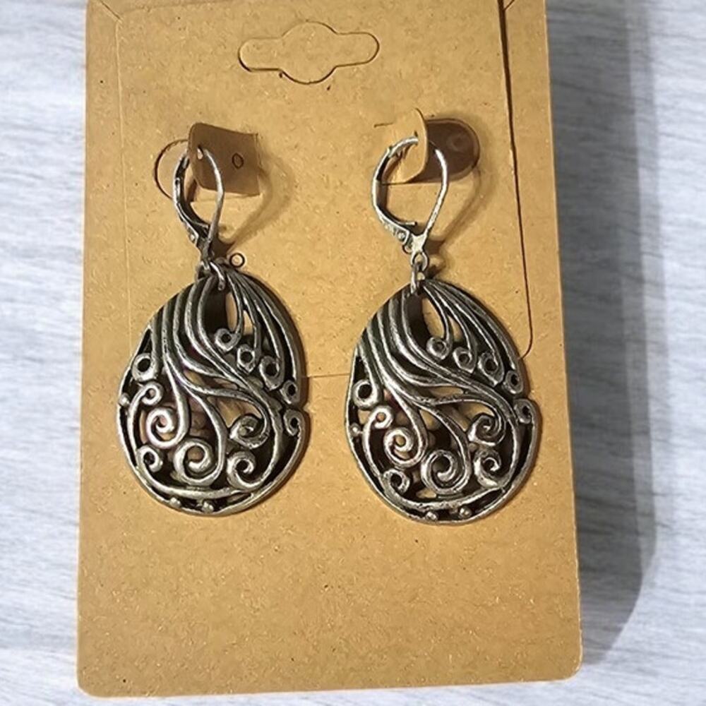Silver Filigree Scroll Teardrop Earrings Leverback – Ornate Elegant